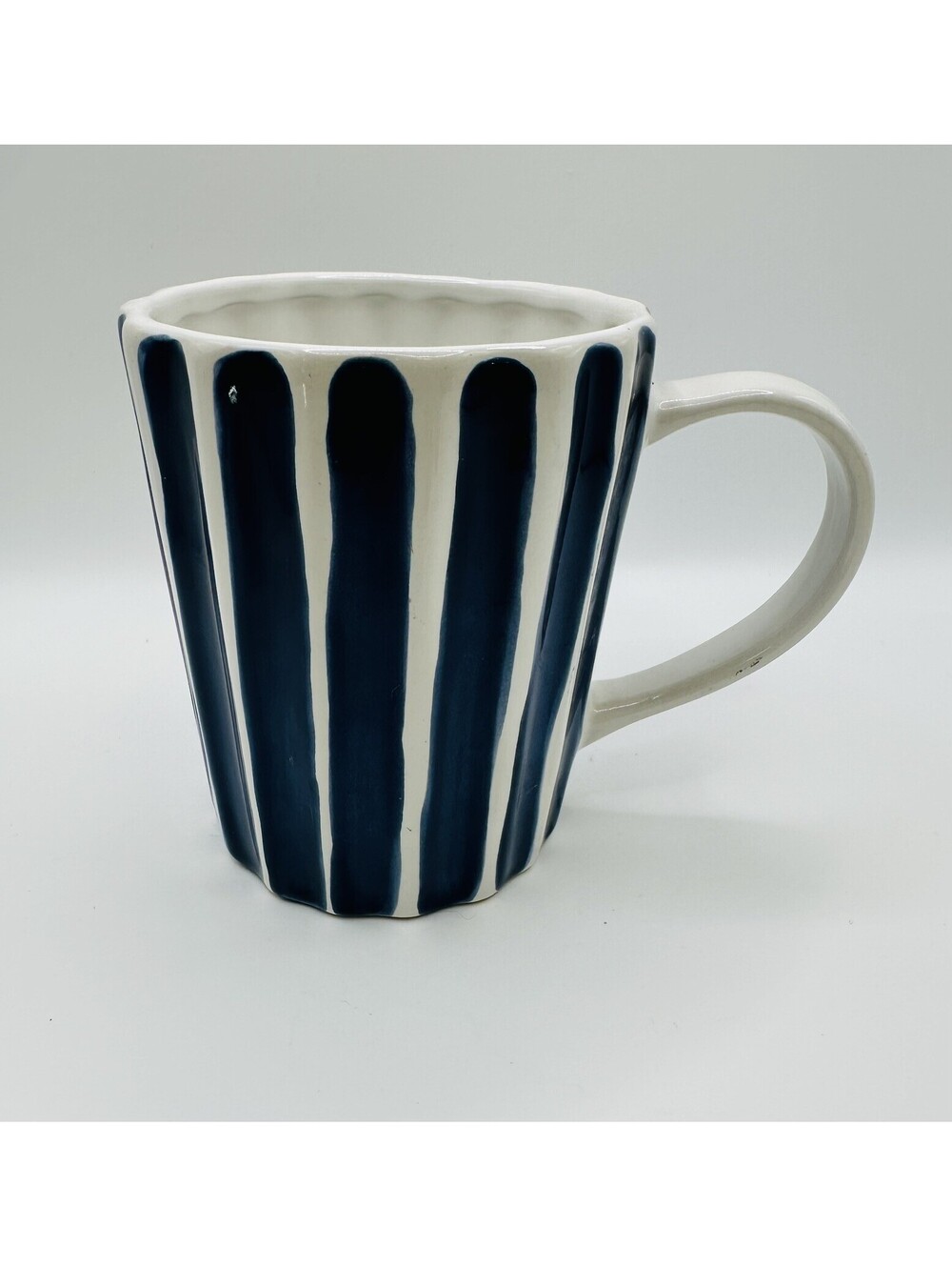 Starbucks Coffee Mug 2008 Blue & White Hand-Painted Stripes 12 oz Ribbed Cup